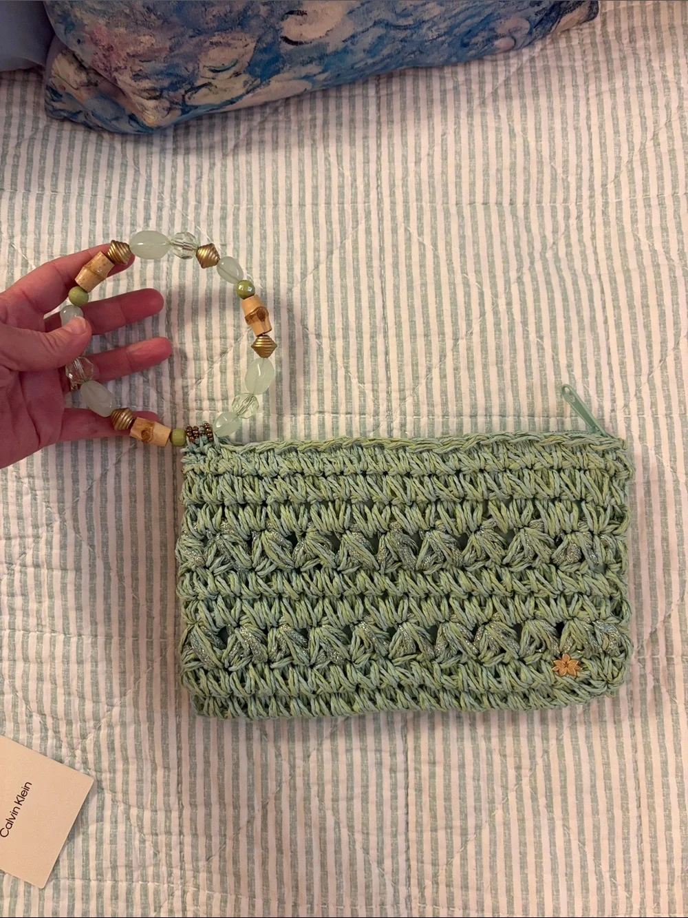 Capelli of New York Sage Green Crochet Wristlet with Beaded Strap